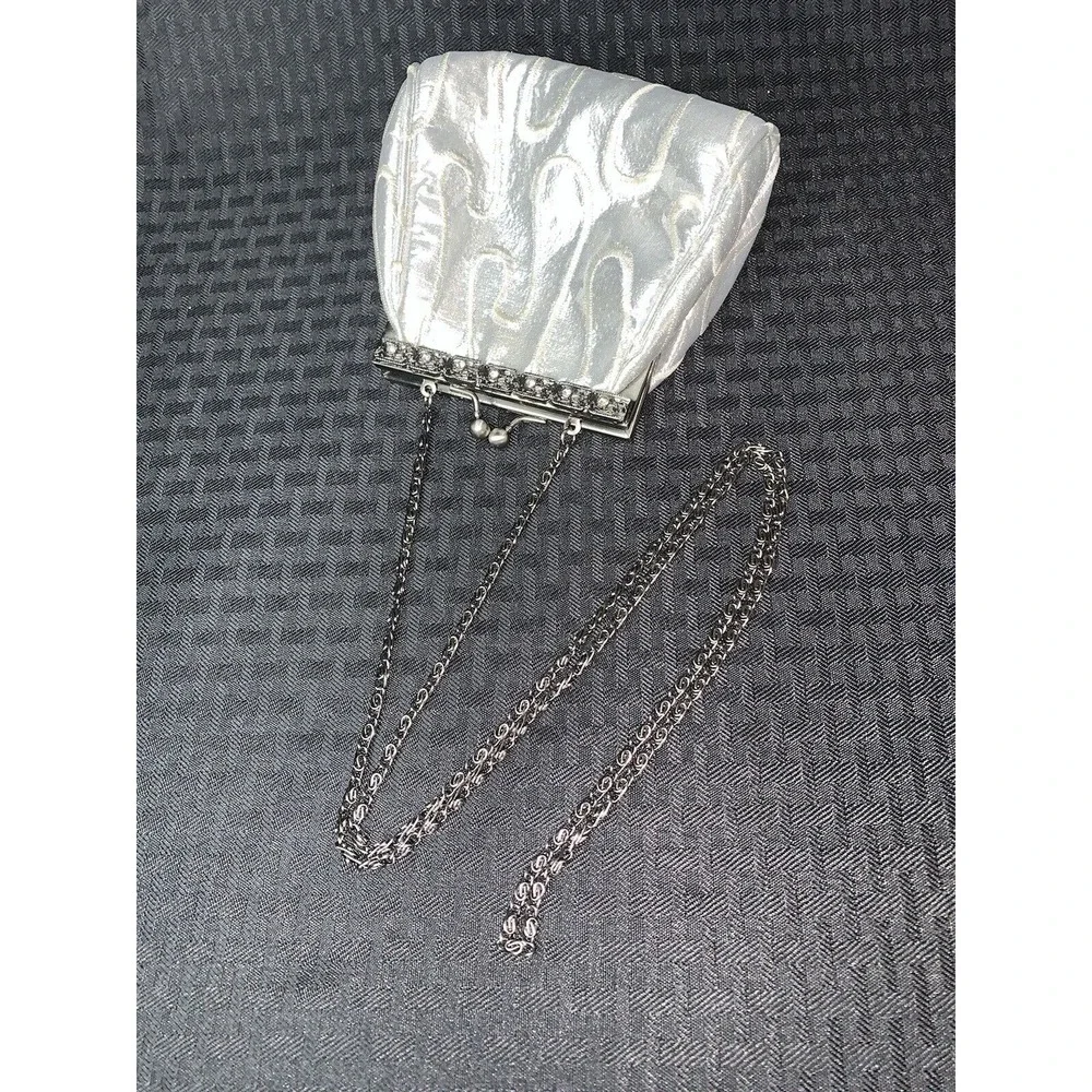 Purse Evening Bag Vintage Silver Embroidered Rhinestones Prom Wedding Formal - Picture 6 of 16